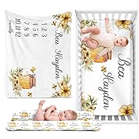 Personalized Girl Crib Bedding Set for Infant Baby: Custom Name Nursery Decor Honey Bee Golden Baby Blanket Fitted Crib Sheet Changing Pad Cover 3 Pcs(Fixed Size)