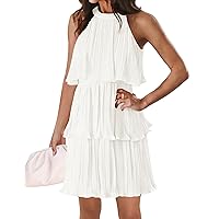 ZESICA Women's 2024 Summer Halter Dresses Sleeveless Ruffle Tiered Layered Chiffon Pleated A Line Swing Mini Dress