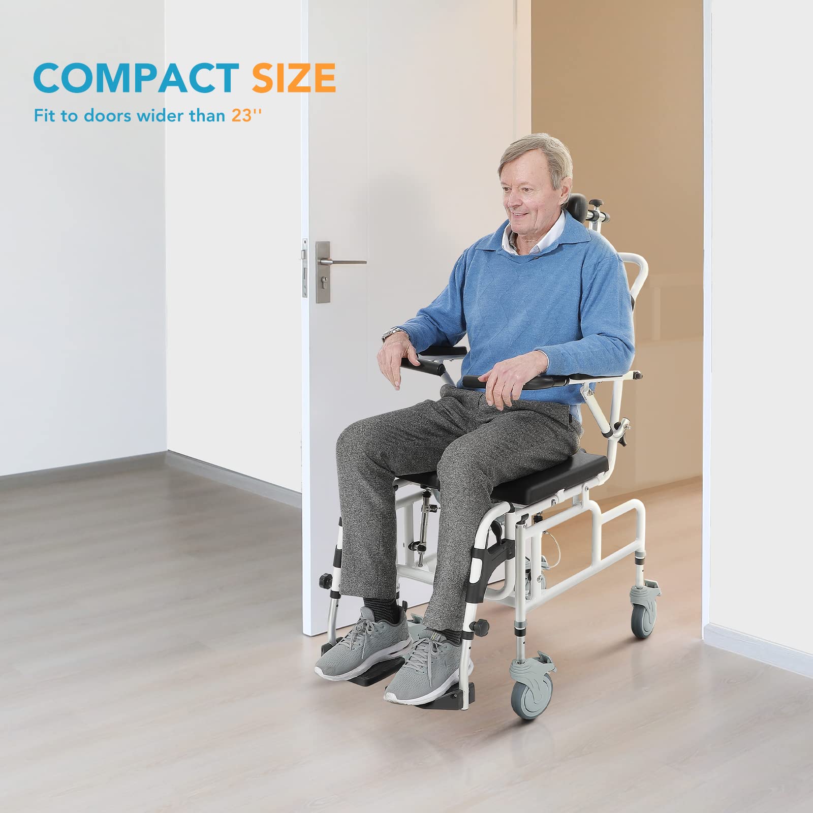 OasisSpace Personal Mobility Assist Bedside Commode Toilet Chair - Tilt Shower Commode Wheelchair, 4-in-1 Shampoo Chair with 30° Reclining and Headrest, Adjustable Transport Rolling Chair