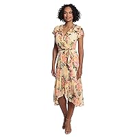 London Times Women's Soft Feminine Ruffle Wrap High Low Dress with Arm Coverage