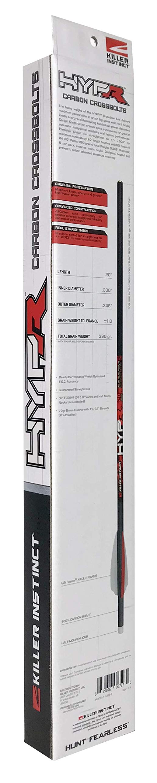 Killer Instinct MSCKI-1064-6 Hypr 20 Inch Big Game Light Weight Carbon Crossbow Bolts with 3 Inch Fletching Vanes (6 Pack)