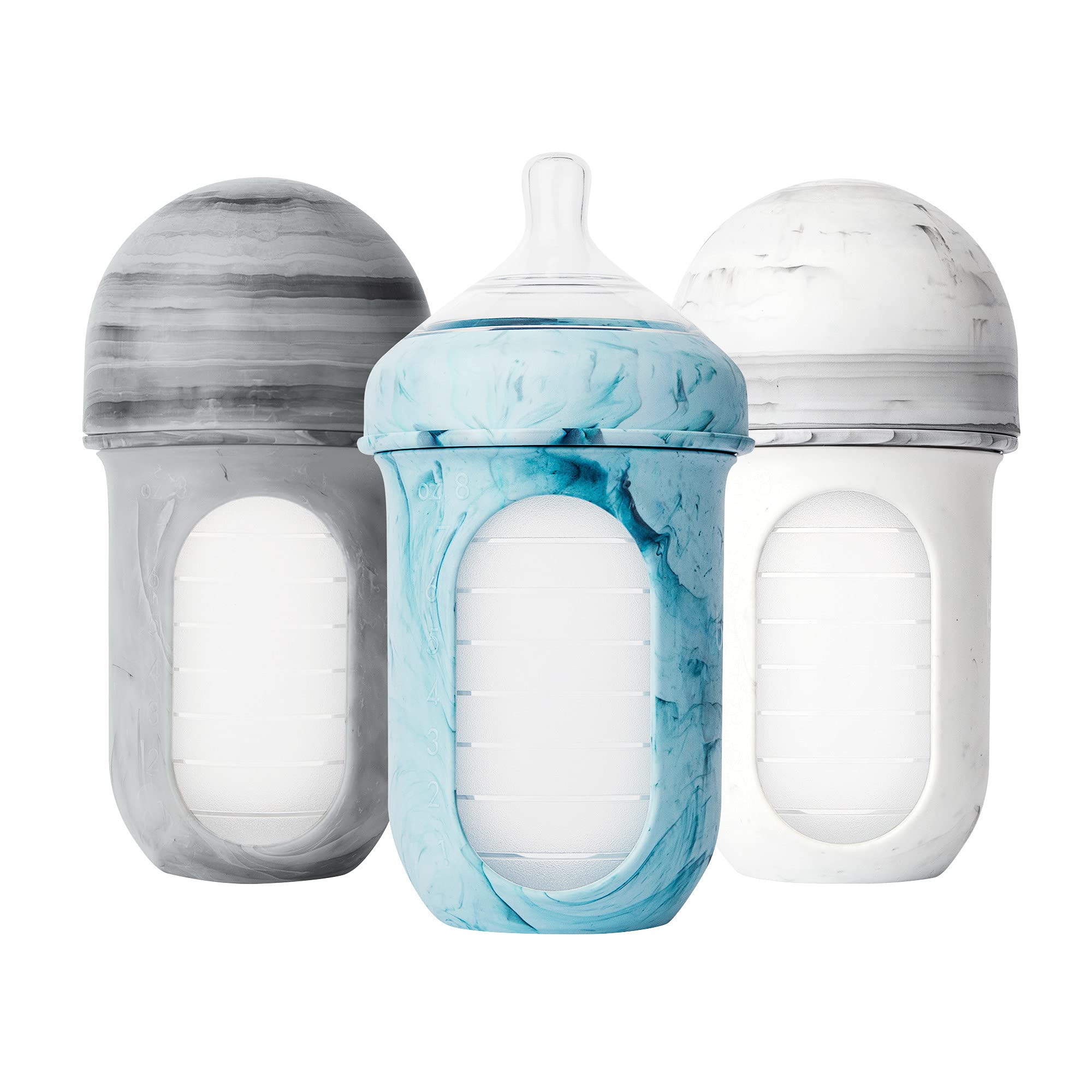 Boon NURSH Reusable Silicone Baby Bottles with Collapsible Silicone Pouch Design — Everyday Baby Essentials — 3 Count — Stage 2 Medium Flow — 8 Oz — Tie Dye