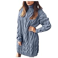 Women's Sweater Dresses Fall Fashion Casual Turtleneck Solid Color Long Sleeve Knit Pullover Sweater Dress, S-5XL