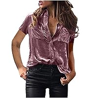 Womens Vintage Velvet Top Summer Casual Tops Shorts Sleeve Button Down Shirts Loose Fit Work Blouses with Pockets