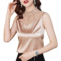 Women's Sexy Lace Camisoles Casual Summer Mock Neck Sleeveless Hollow Out Rhinestone Silk Satin Elegant Cami Tank Tops