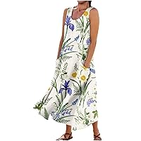 Ladies Casual Round Neck Dress Sleeveless Fashion Flower Print Summer with Pockets Women's Swing Trendy Daily Dress