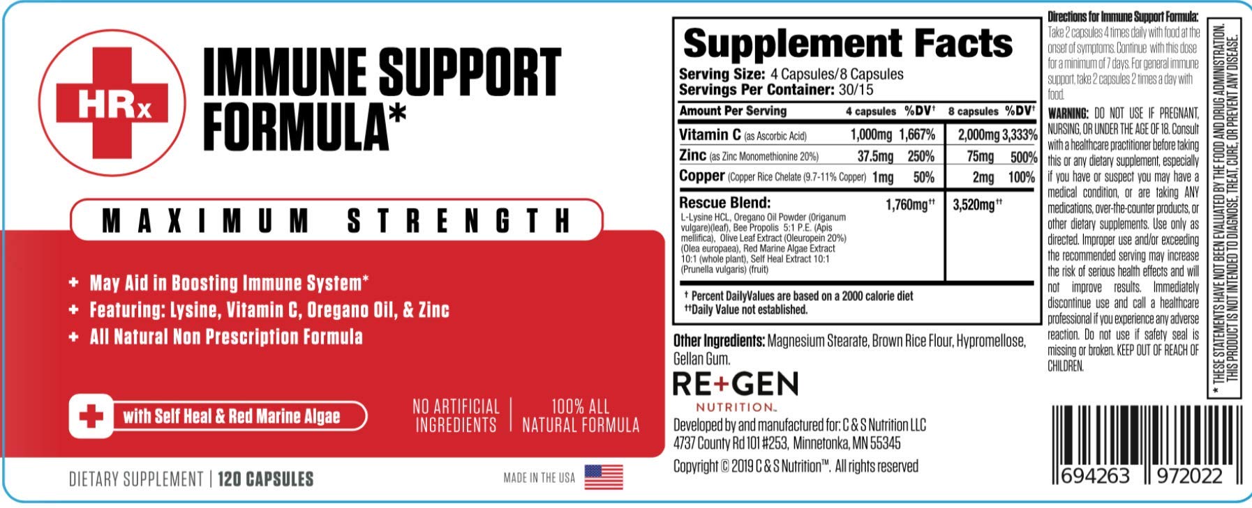 Re+Gen Nutrition Immune Support Formula (H Rescue Discreet) Immune Support Supplement L Lysine, Zinc, Vitamin C, Oregano Oil 120 Capsules