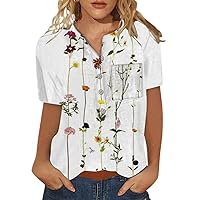 Summer Blouses for Women 2023, Women's Cotton Linen Button Down Shirts Casual V Neck Floral Printed Tunic Tops