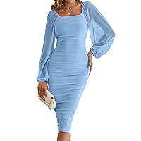 MEROKEETY Women's Long Puff Sleeve Ruched Bodycon Dress Square Neck Mesh Cocktail Party Midi Dresses