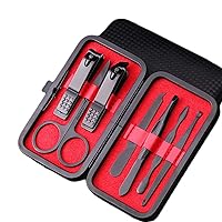 7Pc Nail Tool Stainless Steel Nail Clipper Cutter Trimmer Ear Pick Grooming Kit Manicure Pedicure Scissor Tweezer Nail Tools Set (Color : Red)