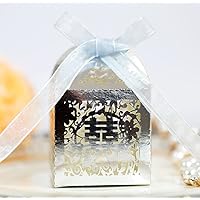 50 Pack Laser Cut Chinese Style Wedding Candy Boxes with Ribbon Party Favor Boxes Small Gift Boxes for Wedding Bridal Shower Anniversary Birthday Party (Metallic Silver)