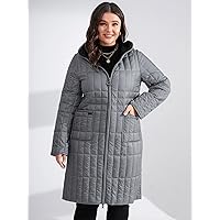 2022 Women's Plus Size Coats Fashion Plus Dual Pocket Hooded Quilted Coat Work Leisure Fashion Comfortable Warm (Color : Gray, Size : 3X-Large)