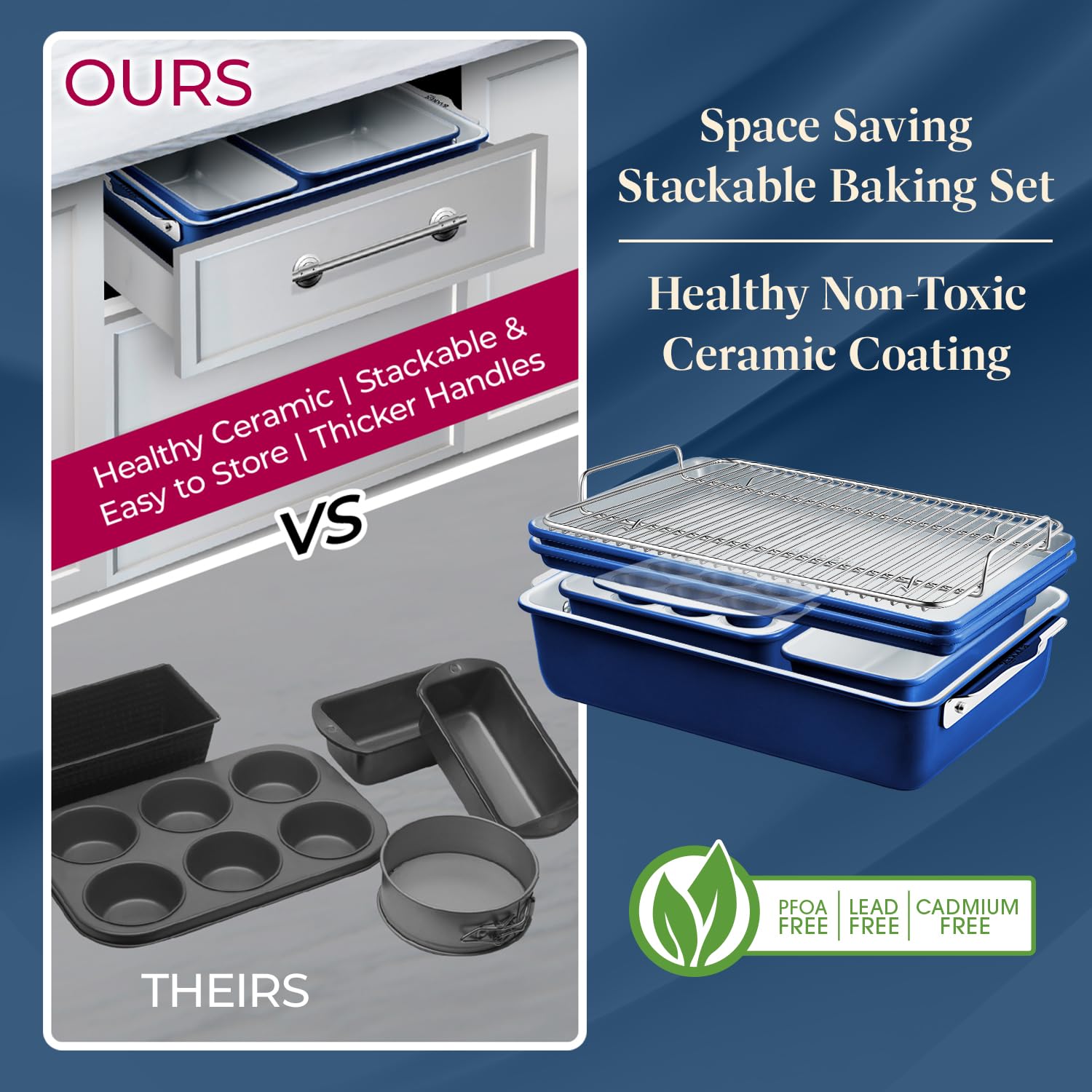 Bakken 8-Piece Stackable Bakeware Set - Ceramic Non-Stick Coating, Baking Sheets, Assorted Baking Pans, PTFE, PFOA & PFOS Free - Healthy Baking, Ergonomic Handles, Cooling Rack, Non-Toxic, Oven-Safe