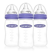 Lansinoh Anti-Colic Baby Bottles for Breastfeeding Babies, 8 Ounces, 3 Count, Includes 3 Medium Flow Nipples, Size M