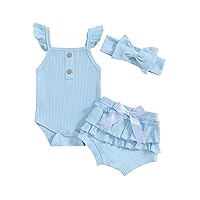 Toddler Baby Girl Summer Clothes Solid Color Ribbed Romper + Ruffles Shorts + Headband Cute Outfits Set