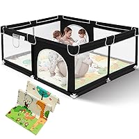 Suposeu Large Baby Playpen with Mat, Portable Baby Fence Area with Gate, Toddlers and Pets Play Yard with Non-Slip Mat, Safety Fence for Indoor and Outdoor Use(71x59 Inches, Black)