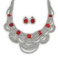 Bridal, Wedding, Prom Clear/Ruby Red Austrian Crystal Layered Necklace and Stud Earrings Set In Black Tone - 36cm L/ 6cm Ext