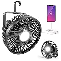 Odoland Camping Fan with LED Lantern, Rechargeable Battery Operated Fan with Hang Hook, Portable Camp Tent Fan, USB Table Fan with Light for Outages Hurricane Emergency