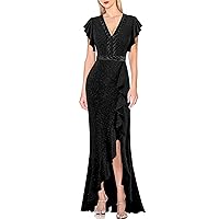 VFSHOW Womens Beaded V Neck Ruffle Sleeve Formal Prom High Split Maxi Dress 2023 Wedding Guest Bridesmaid Evening Long Gown