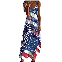 Womens Spaghetti Strap July 4th Sundress Summer Casual Maxi Dresses American Flag Long Dress Beach Vacation Clothes