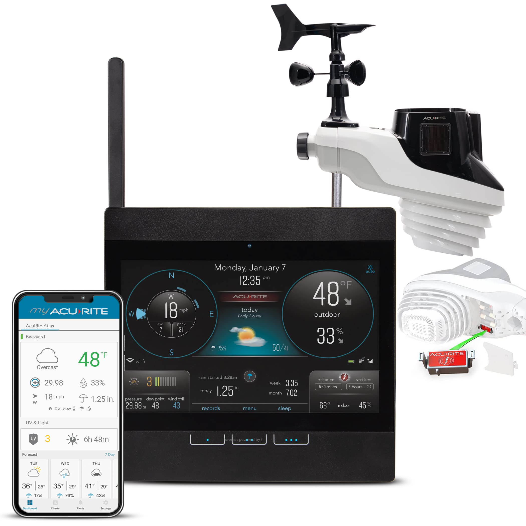 AcuRite Atlas Professional Home Weather Station with WiFi HD Display, Lightning Detection, Barometer, Indoor/Outdoor Temperature Gauge, Humidity Sensor, Rain Gauge, and Wind Speed/Direction (01001M)