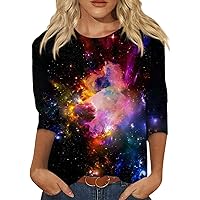 3/4 Sleeve Tops for Women Universe Starry Sky Graphic Crewneck Oversized T Shirts Summer Slim Pretty Shirts Mom Tees