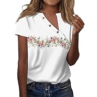 2024 Womens Tops Trendy,Women's T Shirt Retro Floral Button Short Sleeve Basic V Neck Top Blouses for Women Dressy Casual