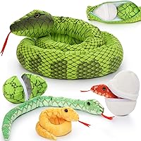 Tezituor Giant Realistic Snake Stuffed Animal, Large 79 Inch Long Green Boa Constrictor Plush Toy, Mommy Snake with 3 Cute Babies & 2 Eggs Gift for Boys Girls