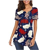 USA Shirts Women, Women's Summer Tops Casual Fashion Short Sleeve V Neck T-Shirts Oversized American Flag Print Tops