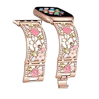 Floral Bracelet Compatible with Apple Watch Band 38mm 40mm 41mm iWatch Bands Series 9 8 7 6 5 SE,Bling Crystal Hollow Metal Strap Cute,Women Dressy Jewelry Bangle Wristband(38/40/41mm Rose Gold)