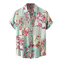 Hawaiian Shirt for Men Button Down Personalized Oversized Vacation Beach Print Top Cotton Linen Short Sleeve Floral Shirt