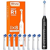 Bitvae R1 Rotating Electric Toothbrush with 8 Brush Heads for Adults and Kids, 60-Day Battery Life, 5 Modes Rechargeable Power Toothbrush with 2-Minute Smart Timer, Black