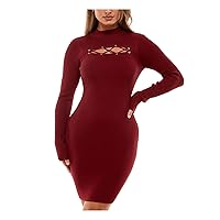 Womens Burgundy Knit Ribbed Peek A Boo Lace Up Bodycon Long Sleeve Mock Neck Short Party Sweater Dress Juniors XS
