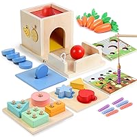 Asweets 8 in 1 Montessori Toys Includes Object Permanence Box，Montessori Coin Box，Carrot Harvest Game，Matchstick Color Drop Game，Ball Drop Learning Toys
