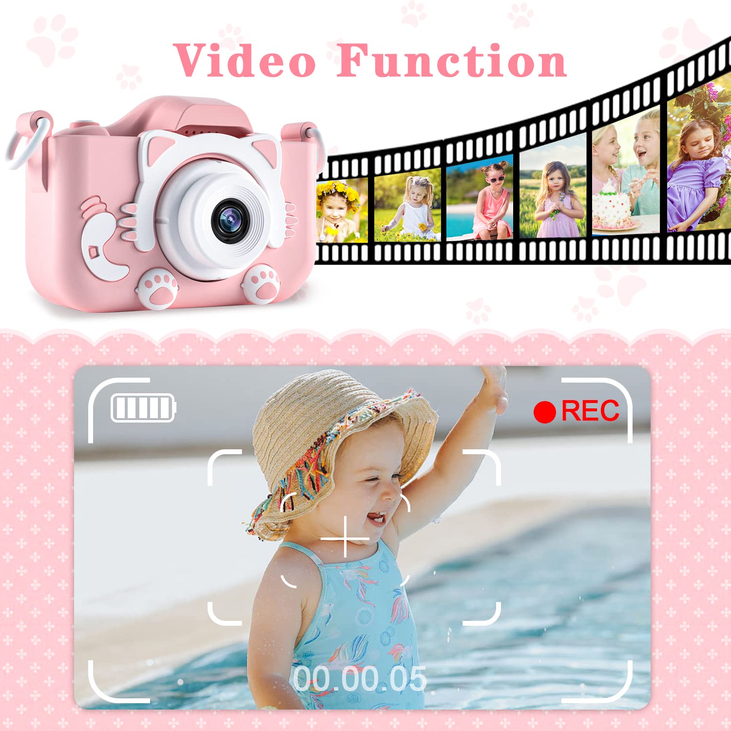 CIMELR Kids Camera Toys for 3-12 Year Old Boys/Girls, Kids Digital Camera for Toddler with 1080P Video, Chritmas Birthday Festival Gifts for Kids, Selfie Camera for Kids, 32GB SD Card(Pink)