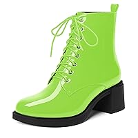 Womens Lace Up Dating Round Toe Block Patent Strappy Fashion Solid Furry Chunky Low Heel Ankle High Boots 2.2 Inch