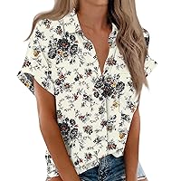 Independence Day Home Short Sleeve Shirts for Women Nice Bubble Hem Fit V Neck Tunic Women Button-Down Super Beige XXL
