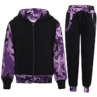 Girls Boys Unisex Plain And Camo Purple Contrast Tracksuit Hoodie With Joggers Sweatpants Activewear 2-13 Years