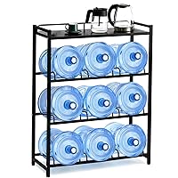 5 Gallon Water Bottle Holder 9-Tray 3/5 Gallon Water Jug Rack with Top Shelf Heavy Duty 5 Gallon Water Jug Stand for Kitchen, Office, Garage, Black