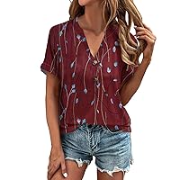 Short Sleeve Independence Day Plus Size Shirts Ladies Classic Office Button-Down Print Tops Woman V Neck Red M