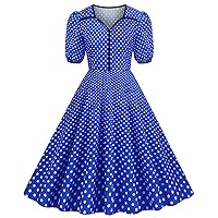 Women 50s Polka Dots Puff Short Sleeve Retro Rockabilly Dress Summer V Neck High Waist Fashion Audrey Cocktail Dress