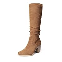 DREAM PAIRS Women's Knee-High Boots, Comfortable Chunky Block Heel Pointed Toe Pull On Side Zipper Suede Slouch Riding Boots