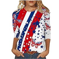 My Orders 4th of July Cotton Shirt for Women 2024 American Flag Stripes Graphic 3/4 Sleeve Tops Independence Day Patriotic Crewneck Blouse Summer Tunic Tshirt Red and Blue T Shirt