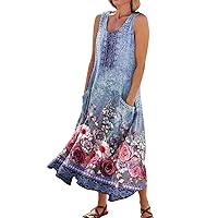 Women's Cotton Linen Maxi Sun Dress Crewneck Sleeveless Tshirt Long Flowy Casual Pocket Cute Printed Tank Dresses