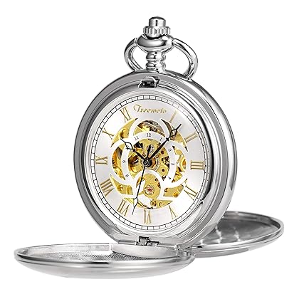 TREEWETO Pocket Watch Classic Smooth Double Case Mechanical Silver Pocket Watches Steampunk Roman Numerals Fob Watch for Men Women with Chain