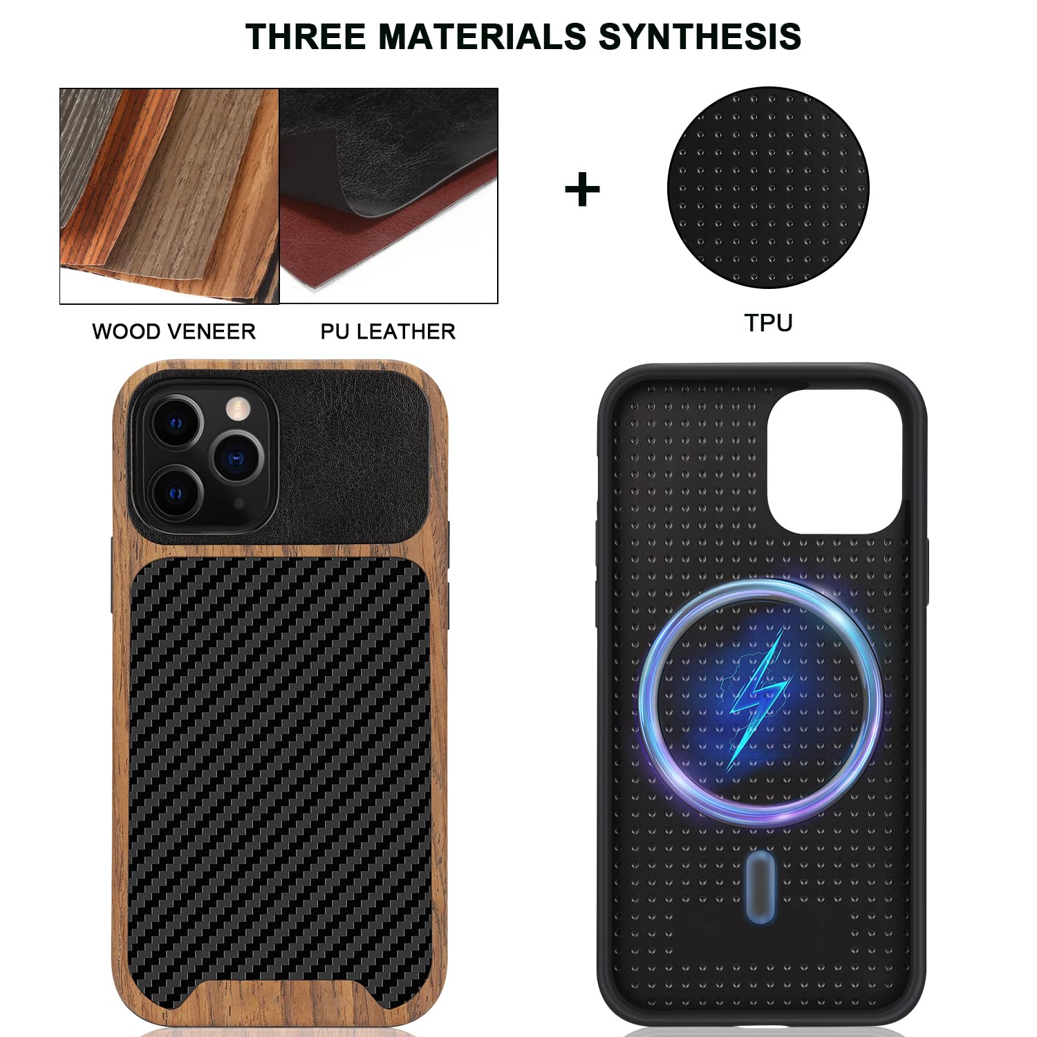 TENDLIN Magnetic Case Compatible with iPhone 12 Pro Case/iPhone 12 Case Wood Grain with Carbon Fiber Texture Design Leather Hybrid Slim Case (Compatible with MagSafe) Black