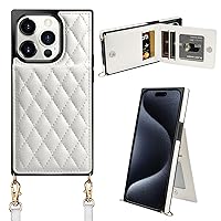 Coolden Compatible with iPhone 15 Pro Case Quilted Leather Women Luxury Phone Cover Crossbody Strap Kickstand Slim Square Armor Card Holder Slots Wallet Case for iPhone 15 Pro 6.1 inch,White