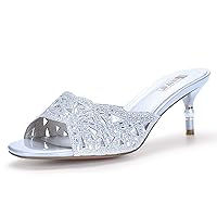 IDIFU Womens Silver Gold Wedding Shoes For Bride Bridesmaid Low Kitten Peep Toe Heels Dress Sandals Glitter Formal Slide Mules With Heel