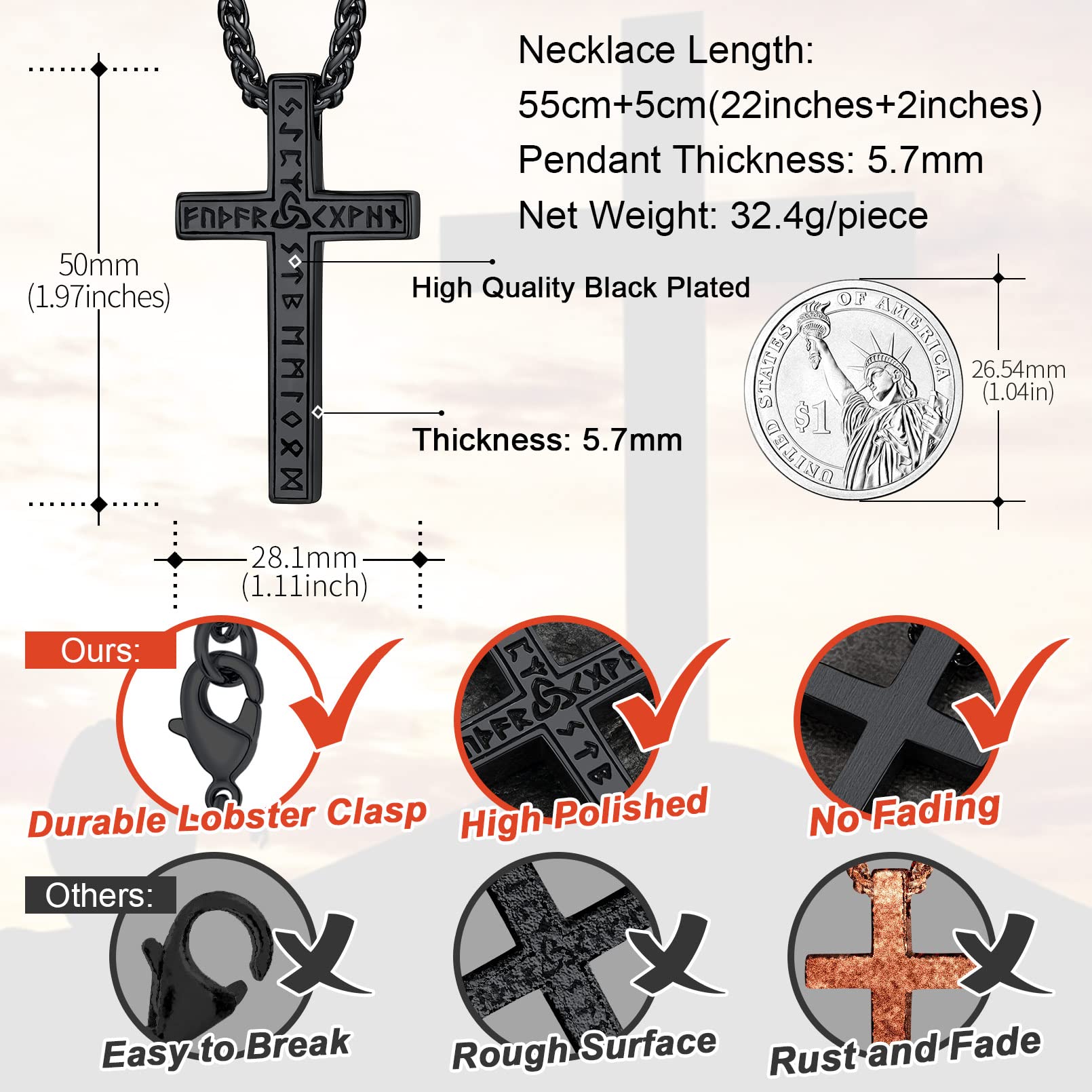 FaithHeart Cross Necklace for Men, Christian Crucifix Protection Amulet Pendant Necklace Stainless Steel Jewelry for Women