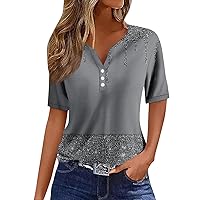 Womens Summer Tops Casual Dressy Button V Neck Print T Shirt Short Sleeve Activewear Comfy Loose